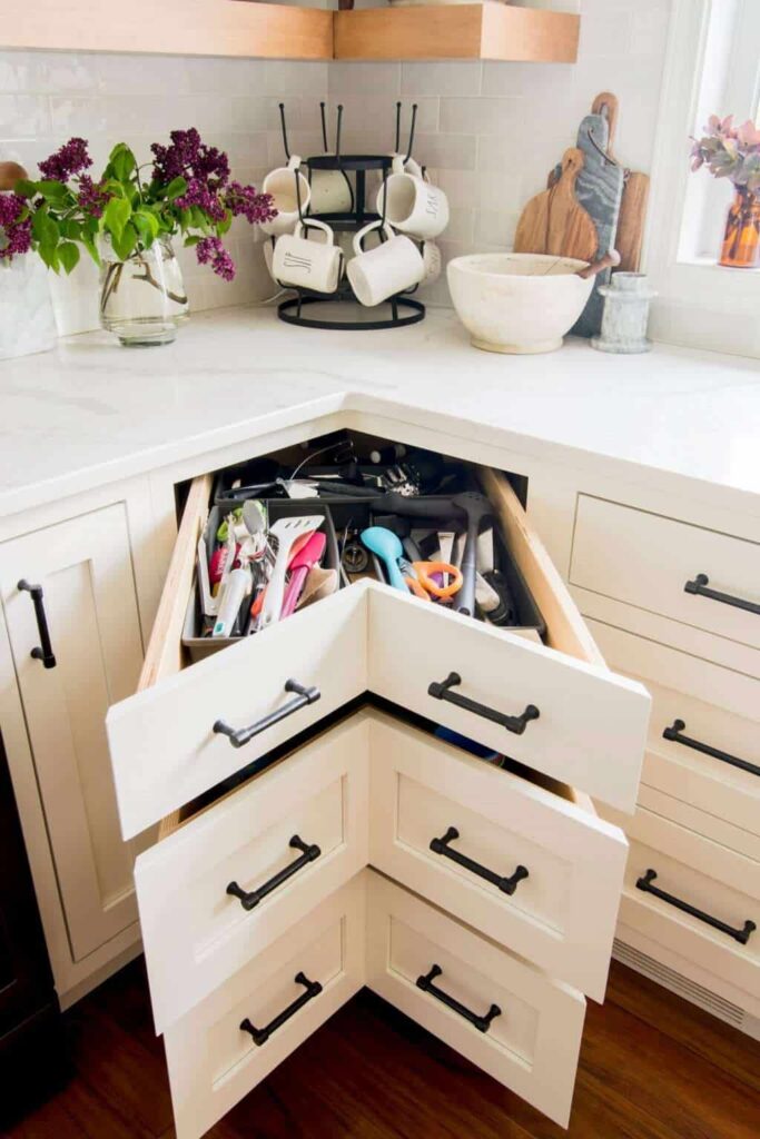 clever corner cabinet design idea for optimum storage space