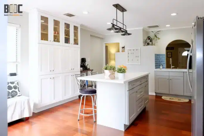 white shaker with a kitchen island