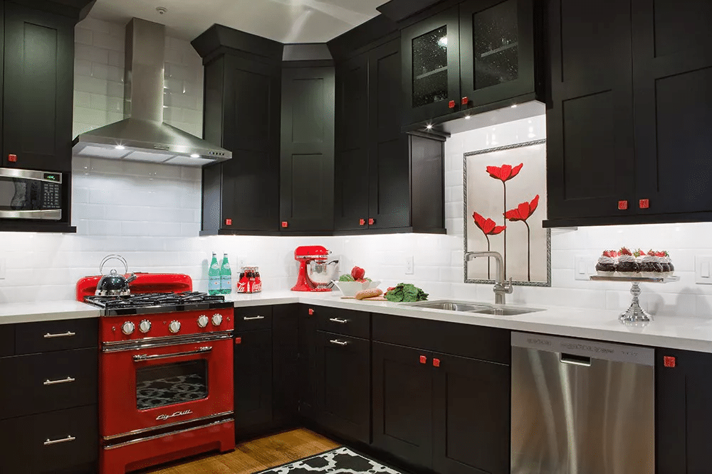 Black Kitchen Interior, Red And Black Kitchen, Black Kitchen Aesthetic, Black  Kitchen Ideas