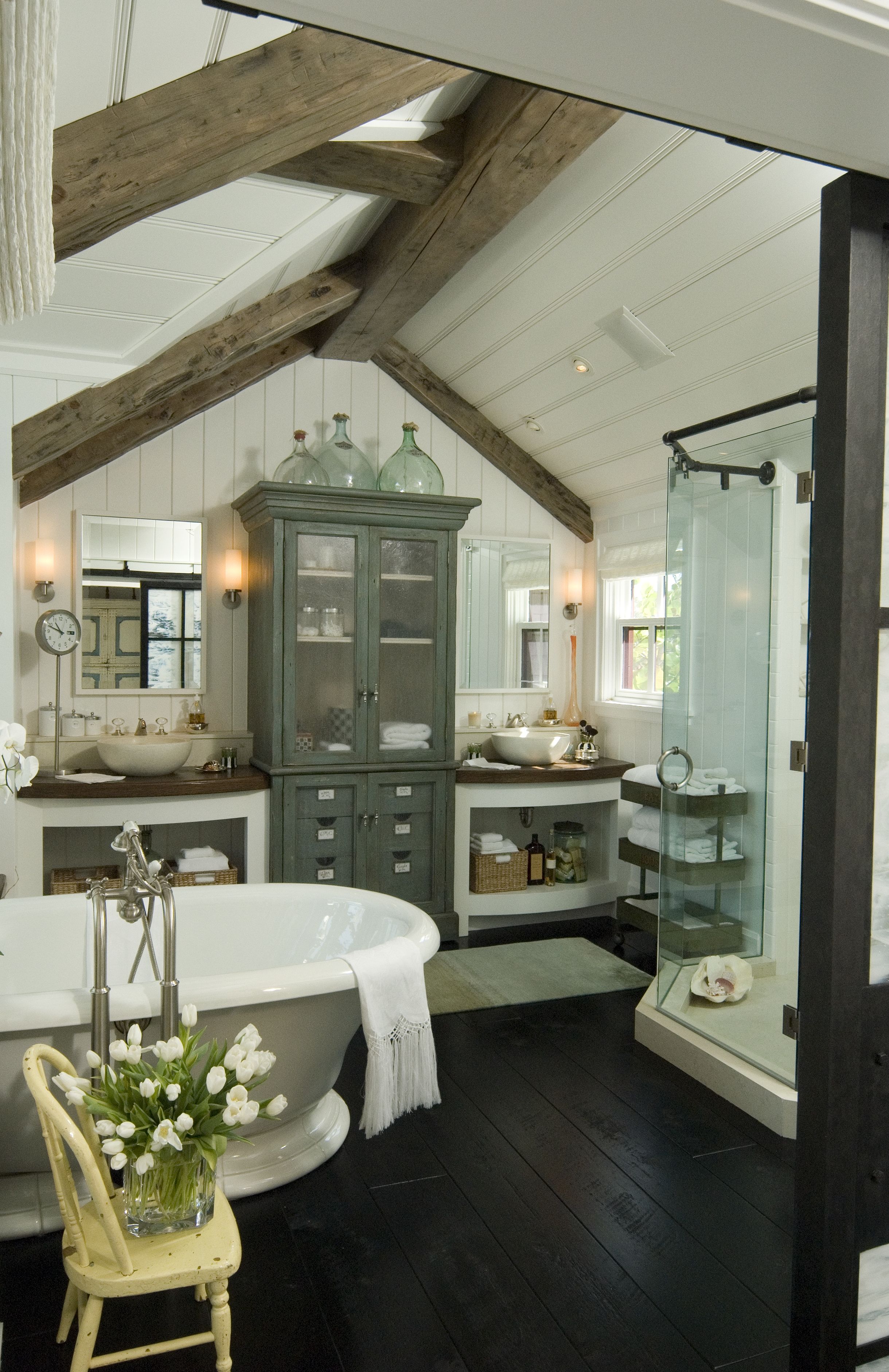 wood beams in the bathroom