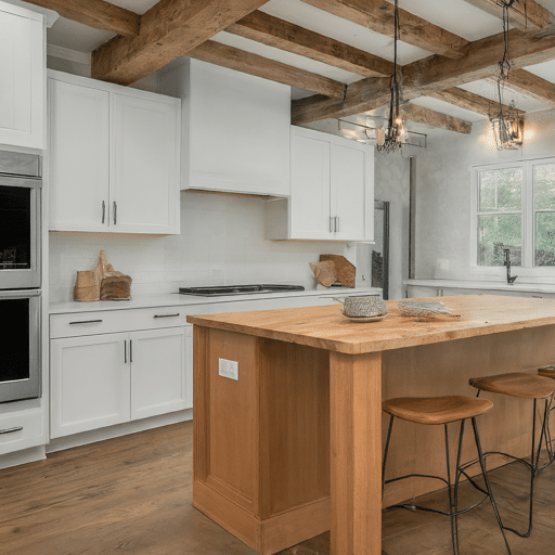 White shaker cabinets, offering a clean and bright aesthetic that complements the rustic elements