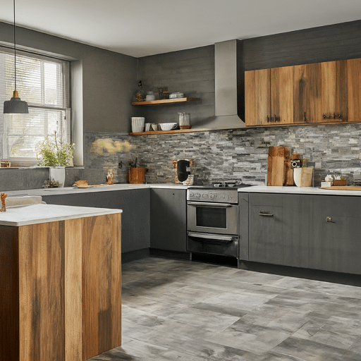 A Mediterranean kitchen featuring a fusion of elegant wood and stone elements