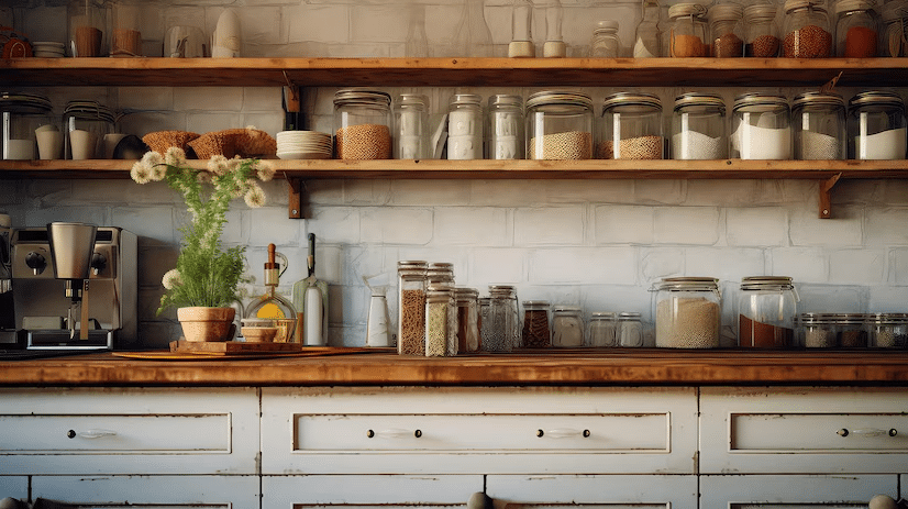 A well-organized pantry with neatly arranged shelves stocked with various food items in containers