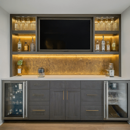 An entertainment hub with a wet bar featuring a TV mounted 
