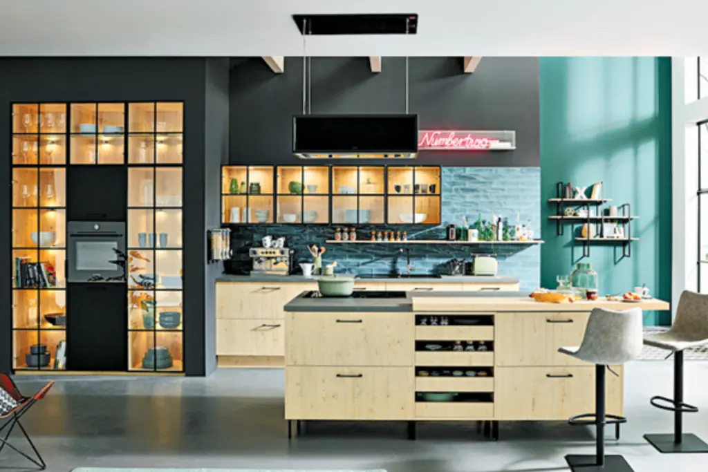 Contemporary Kitchen with glass doors