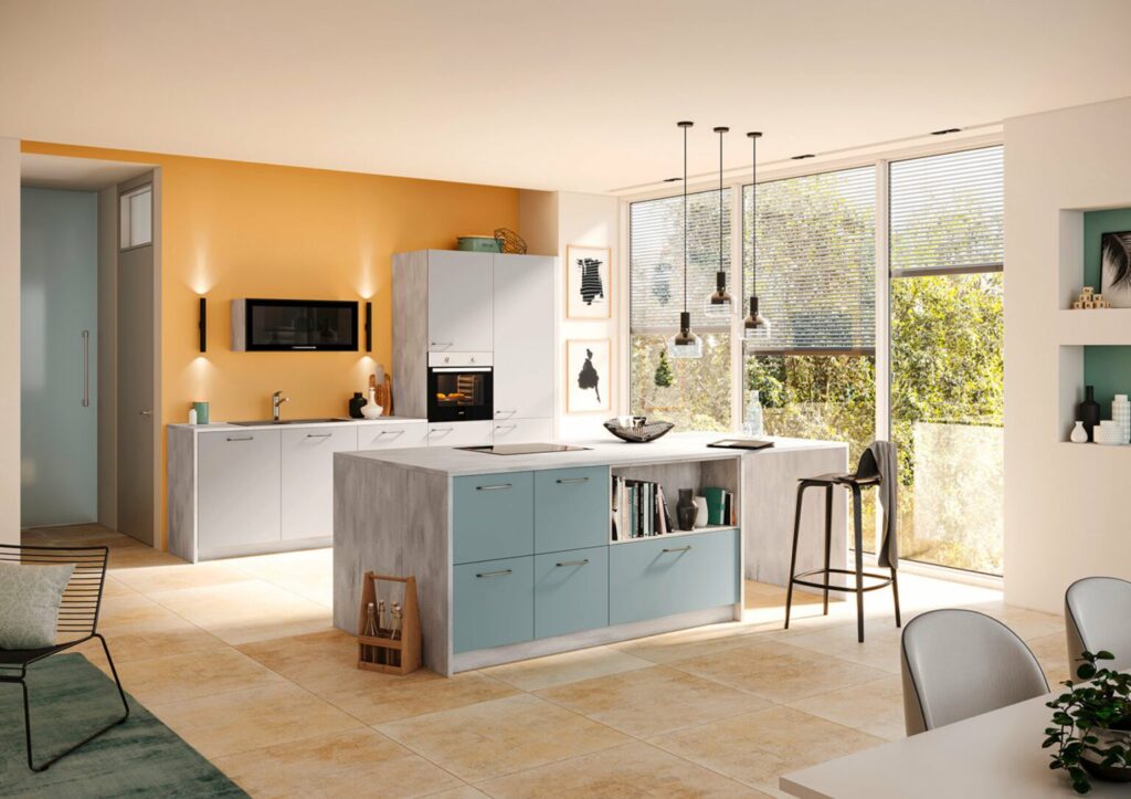 cabinet doors with grey and pastel blue colors