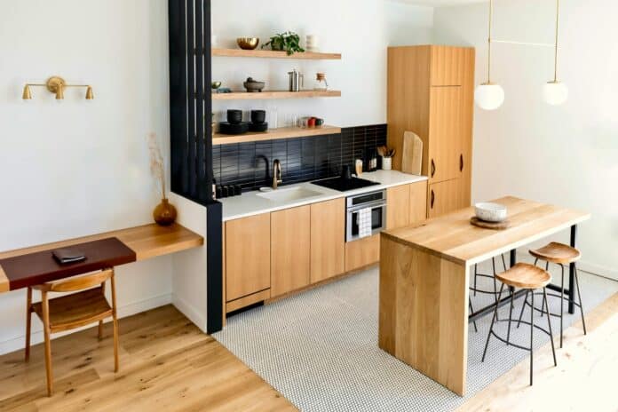 tiny kitchen design with solid wood cabinets